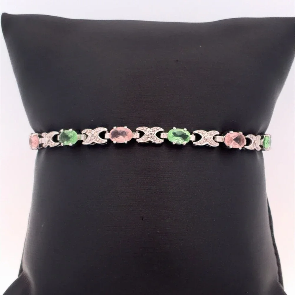 Designer Sterling Silver Pink & Green Cubic Zirconia Chain Link Tennis Bracelet
